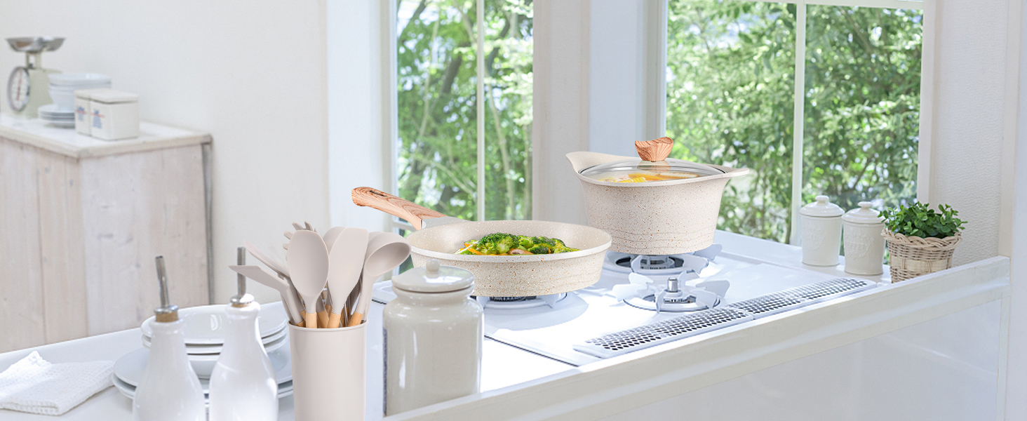 Набір посуду RIOVARM з індукційним дном, антипригарне покриття граніт, набір каструль та сковорідок з кришками, без PFOA, з ручками з імітацією дерева, сковорода, каструля, ковшик