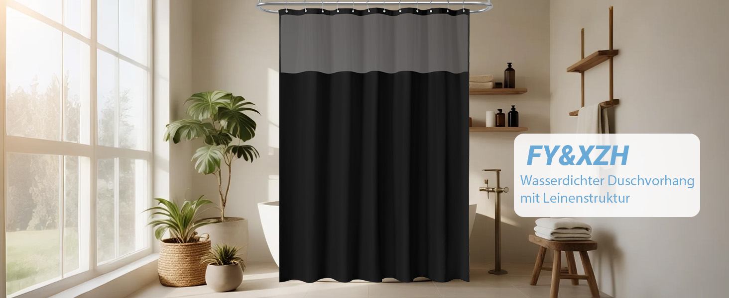 Штора для душу водонепроникна з льоном та віконцем, 183x183 см, чорна + 12 гачків з нержавіючої сталі