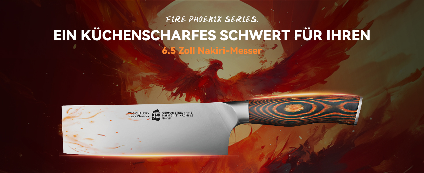 Японський ніж Nakiri TUO 16.5 см з нержавіючої сталі з ручкою Pakkawood, серія Fiery Phoenix