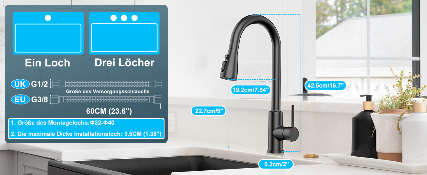 Змішувач кухонний висувний з нержавіючої сталі з 360° обертанням та 4 режимами, для кухонних мийок, з ABS-розпилювачем, підходить лише для ЄС (G3/8)