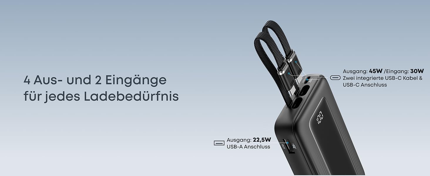 Anker Zolo Powerbank 20000mAh 45W: Зовнішній акумулятор з USB-C кабелем для iPhone, Samsung, MacBook (Чорний)