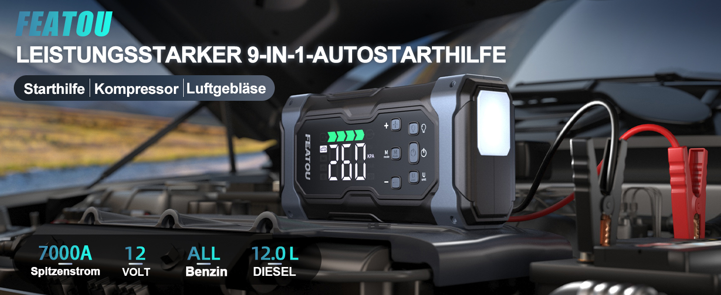 Powerbank для автомобіля Starthilfe 7000A з компресором 150PSI, 12V, до 10L дизеля, QC3.0, LCD, ліхтарик