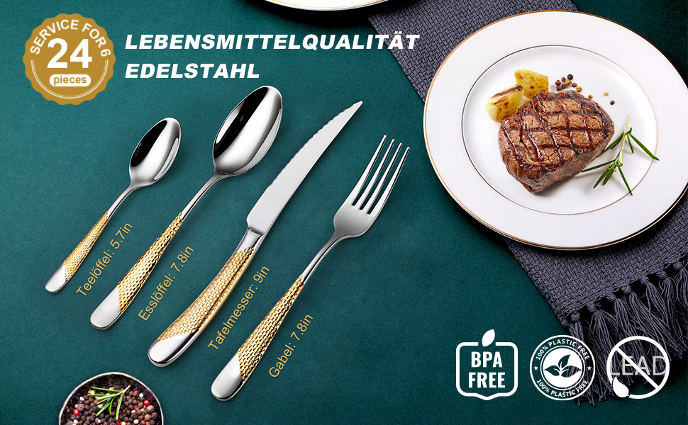 Набір столових приборів OGORI для 6 осіб (30 предметів), золотий, з дзеркальним поліруванням, нержавіюча сталь 18/10, для дому/вечірки/ресторану (подарункова коробка)