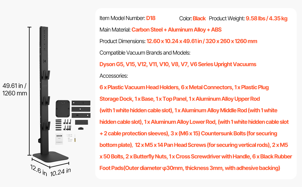 Підставка для пилососа VEVOR 126 см, сумісна з Dyson G5 V15 V12 V11 V10 V8 V7 V6, з аксесуарами, 6 гачків, неслизькі підкладки, срібна (чорна платформа)