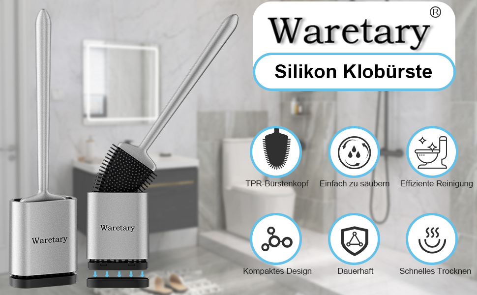 Щітка для унітазу з силікону Waretary з тримачем, нержавіюча сталь, гнучкий наконечник, швидке висихання, для ванної кімнати (срібляста)