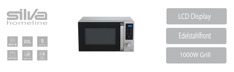 Мікрохвильова піч Silva-Homeline MWG-E 20.8 INOX з грилем, 800-1000 Вт, LCD дисплей, 20 л, 5 рівнів потужності, нержавіюча сталь, блакитний колір