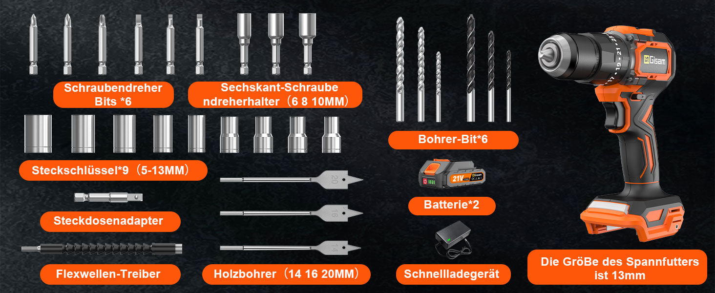 Акумуляторний шурупокрут/дрель 21V з набором 2 акумуляторів, 1200W двигун Brushless, 75Nm, 25+3 рівня крутного моменту, патрон 13мм, 2 швидкості, LED, 29-ти елементний набір для дому, саду та DIY-проектів помаранчевого кольору