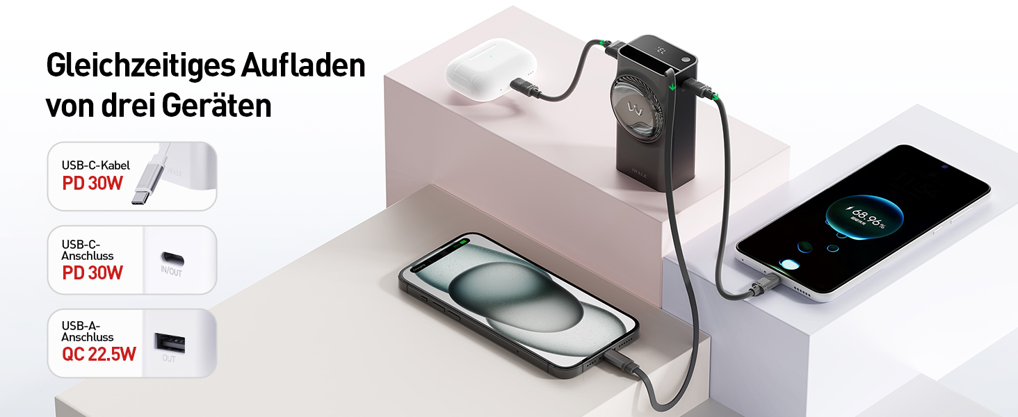Power Bank iWALK 10000mAh з вбудованим кабелем USB-C 70см, 3 виходи, 30W PD, для iPhone, Samsung, Android, iPad (Чорний)