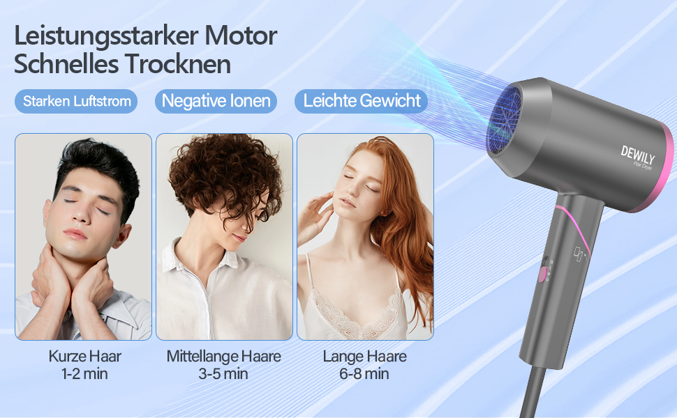 Складаний фен DEWILY Profi: потужний, тихий, з 3 режимами нагріву, з насадкою, сірий