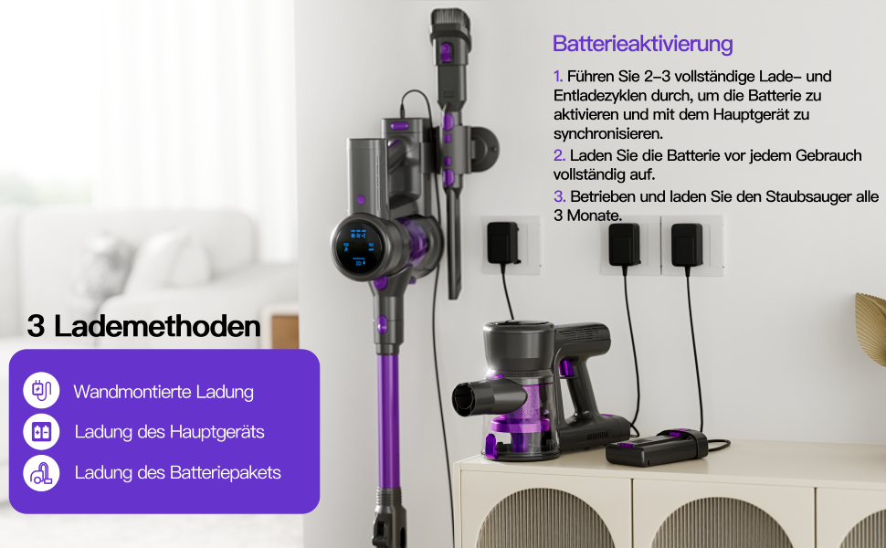 Бездротовий акумуляторний пилосос 28KPa з LED-дисплеєм, антинамотувальною щіткою та змінним акумулятором. Підходить для твердих поверхонь, килимів та видалення шерсті тварин (фіолетовий)