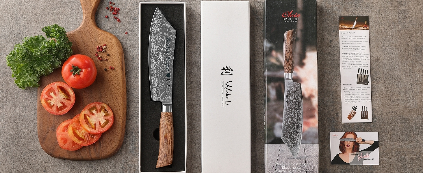 Ніж кухарський Wakoli EDIB Pro Damast BBQ & Blockmesser 20 см з лезом з 67 шарів дамаської сталі (VG10) з ергономічною ручкою для м'яса, грилю та смаження. У подарунковій коробці з можливістю гравіювання.