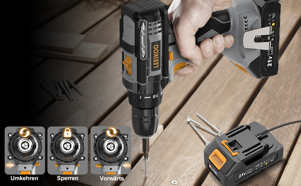Акумуляторний шуруповерт LEEIKOO 21V, 42N.m, 2.0Ah, 10mm, 18+1, 20шт, LED, сірий
