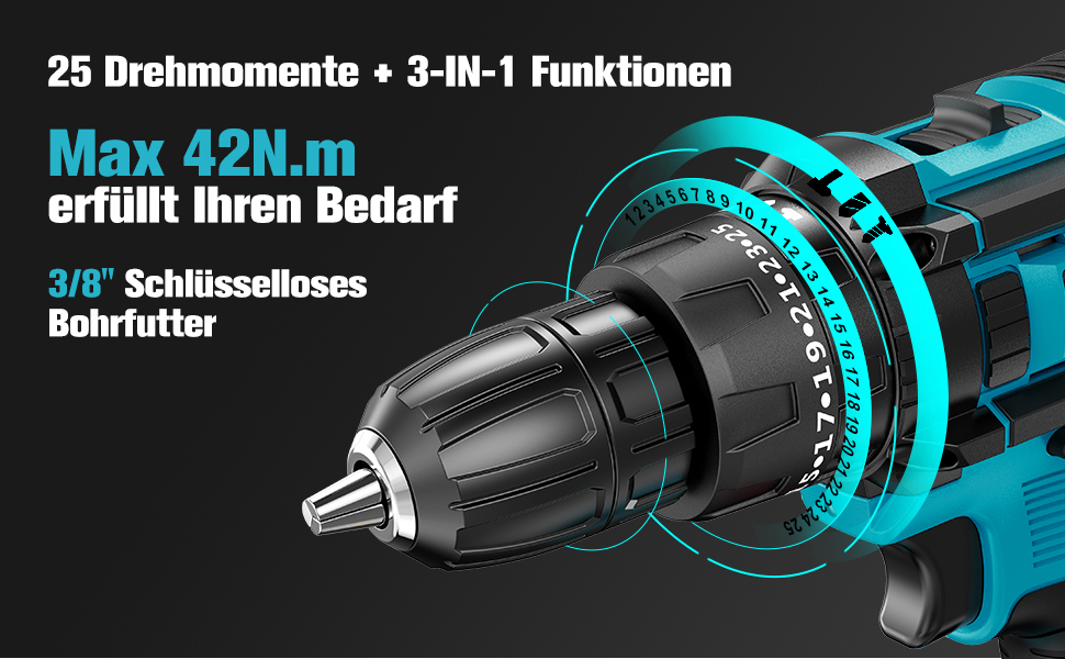 Акумуляторний шуруповерт BETENST 21V з 2 акумуляторами 2.0Ah, 42Nm, 25+3 ступені крутного моменту, 2 швидкості, LED-ліхтар, 30-ти елементний набір для дому та саду, DIY проєкти, блакитний