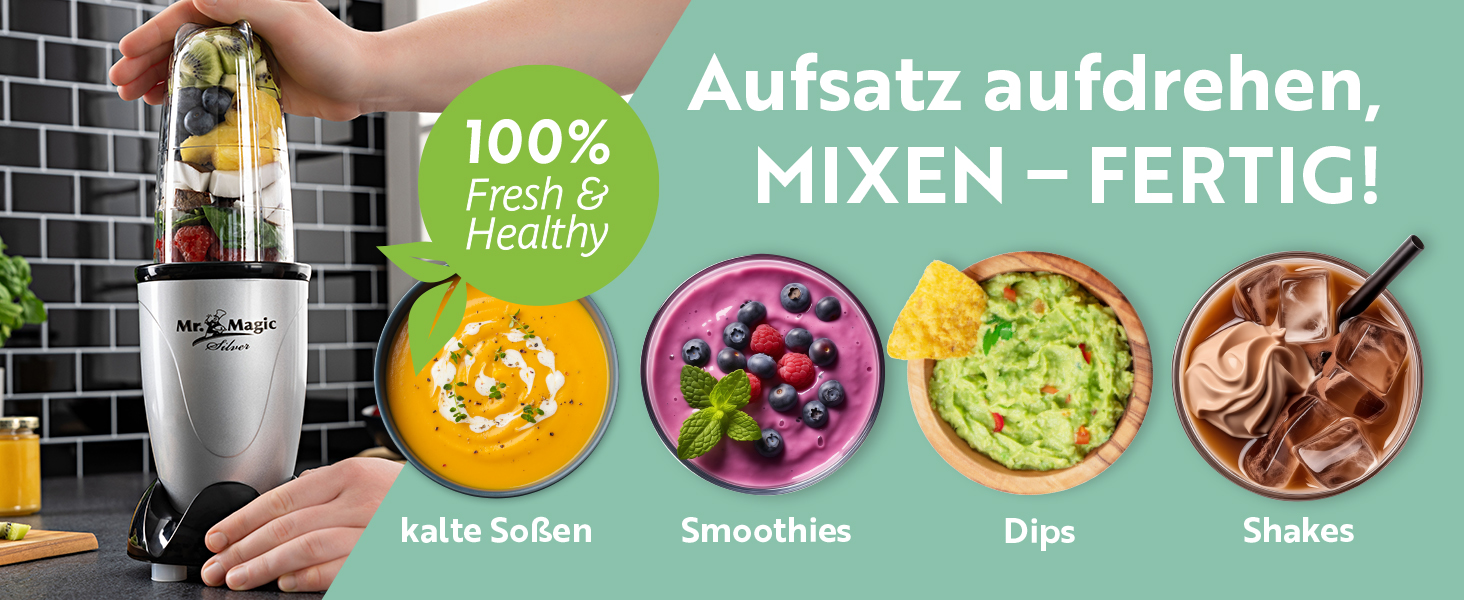 Блендер GOURMETmaxx Mr. Magic Mixer 4-в-1, міксер для смузі, подрібнювач, 8 функцій, з чашею та кришкою, для шейків, смузі, коктейлів
