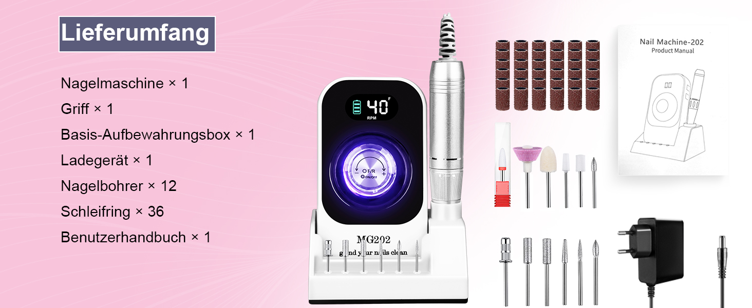 Електрична фрезер для нігтів 12в1 з кейсом, 40000 об/хв - професійний набір для манікюру та педикюру, для гелю та акрилу (білий)