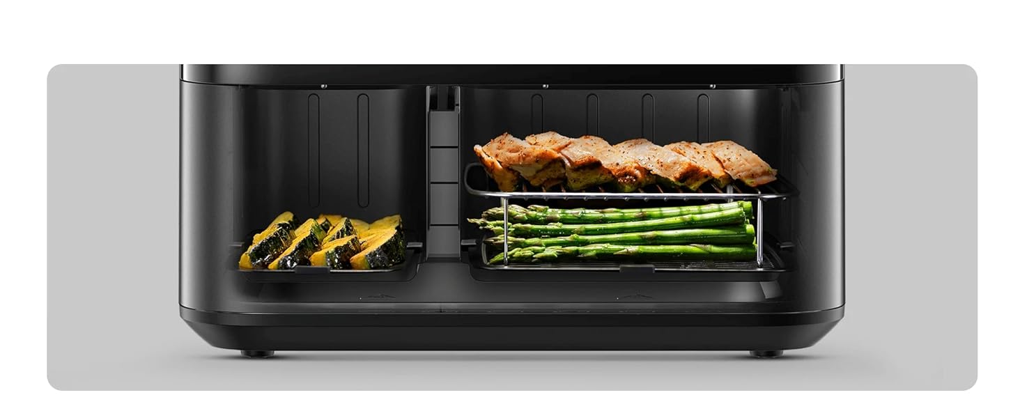 Фритюрниця Xiaomi Dual Zone 10л, 2 камери (3.5л + 6.5л), 230°C, синхронізація, 9 режимів, 2700W, без олії, сенсорне управління, чорна