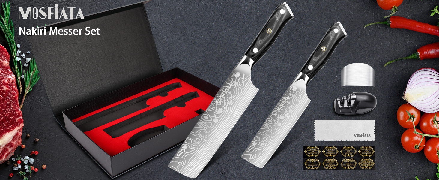 Набір японських ножів MOSFiATA: Накірі 7 та 5,5 дюймів (EN.4116), ніж для приготування їжі, кухонний ніж, ніж для овочів з піхвою, подарункова упаковка та серветка