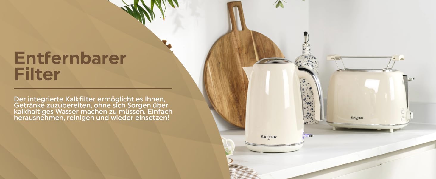 Електричний чайник Salter Retro Cream 1.7L з ретро-дизайном, 2.2 кВт, 360° обертання, фільтр від накипу, бездротовий, індикатор рівня води, захист від сухого кипіння, автоматичне вимкнення, кремовий колір