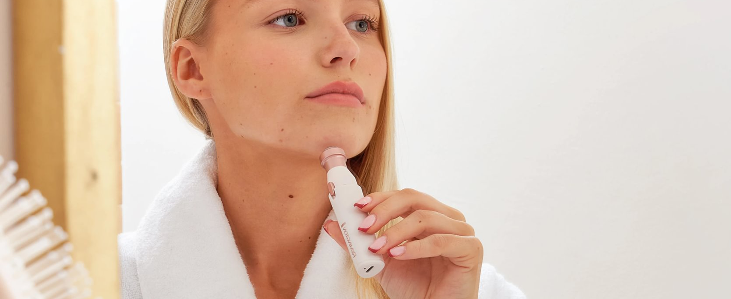 Електричний пристрій для видалення волосся Remington BareMe WFS200: 2-в-1 (рашер та тример для брів), для обличчя (верхня губа, підборіддя, щоки), водостійкий, з LED-підсвічуванням, USB-C, щітка, захисна кришка