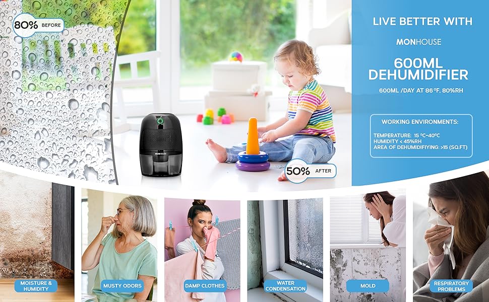 MONHOUSE Зволожувач повітря 600 мл Портативний - Міні зволожувач для дому, спальні, авто, офісу, гаража. Електричний, чорний