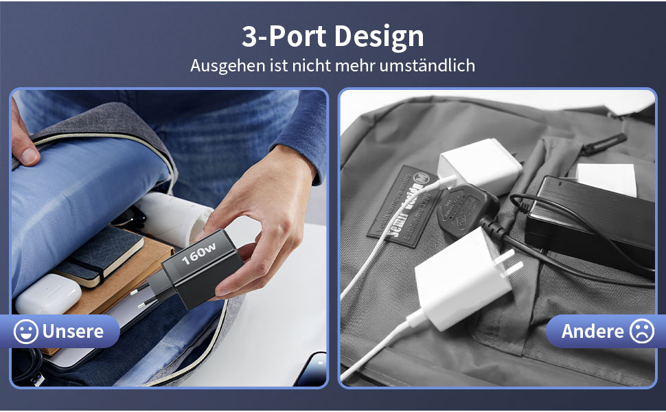 Зарядний пристрій USB-C 160W GaN: Швидка зарядка PPS, 3 порти для MacBook Pro/Air, iPad, iPhone 16/15/14 - Чорний