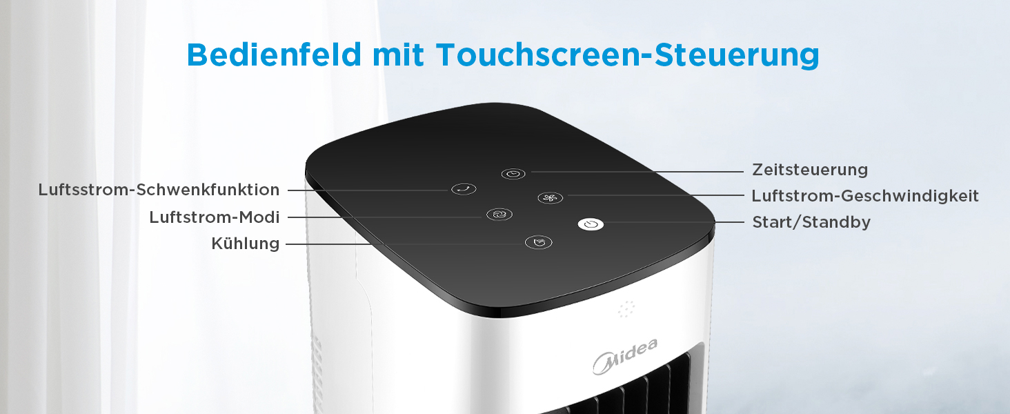 Midea 4-in-1 Portable Air Conditioner, Tower Fan with Water Cooling & Humidifier - Mobile Air Cooler with 5L Water Tank, 355m³/h Airflow, Ionizer, Remote Control (55W, White)