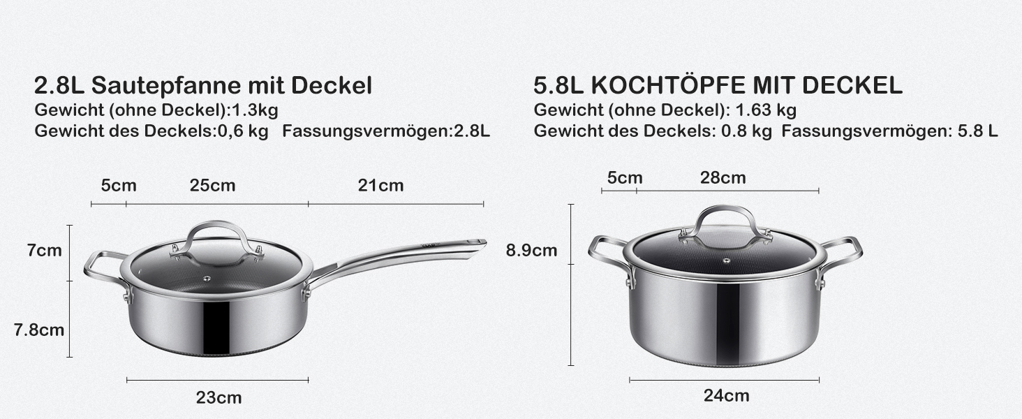 Набір каструль Topfset Edelstahl 10 предметів, індукційні каструлі з антипригарним покриттям: 20/24 см сковороди, 1.5/2.5 л каструлі з ручкою, 5.8 л каструля, 2.8 л сотейник, підходять для всіх плит, духовки та посудомийної машини