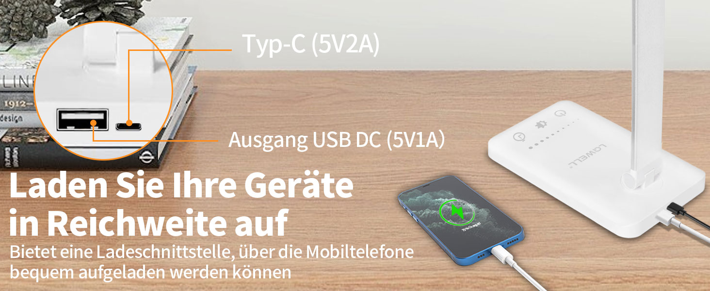 LED лампа для столу LQWELL® з регулюванням яскравості, метал, 5 кольорів, 10 рівнів, USB-зарядка, сенсорне керування, пам'ять, для дітей, офісу, білого кольору (QM019)