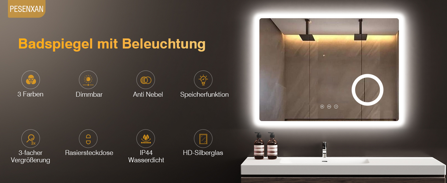 Дзеркало для ванної кімнати з підсвічуванням 80x60 см, 3 кольори, регулювання яскравості, протитуманне покриття, 3x збільшення, розетка для гоління, IP44, для горизонтального/вертикального монтажу