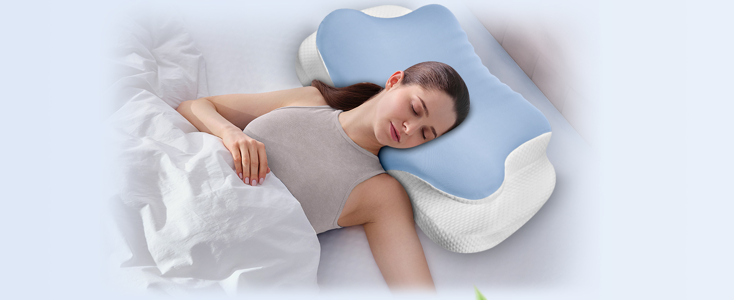 Подушка для шиї Ehomfory з ефектом пам'яті, дихаюча, ергономічна, для сну на боці, спині та животі (Блакитна)