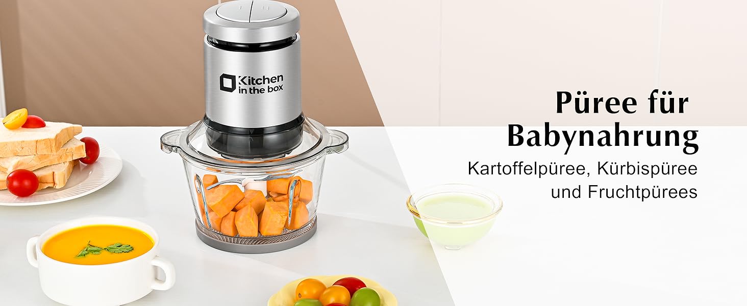 Електричний подрібнювач Zerkleinerer Kitchen in the Box 400W зі скляною (1л) та сталевою (2л) чашами для м'яса, овочів, фруктів та дитячого харчування, сріблястий