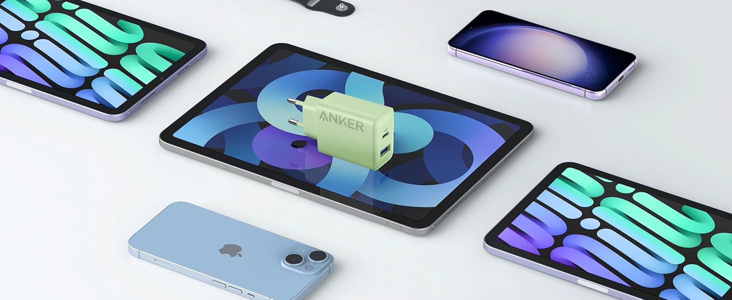 Зарядний пристрій Anker 20W USB-C, адаптер живлення для iPad, швидка зарядка, сумісний з iPhone 17/16/15, кабель USB-C (150 см), зелений