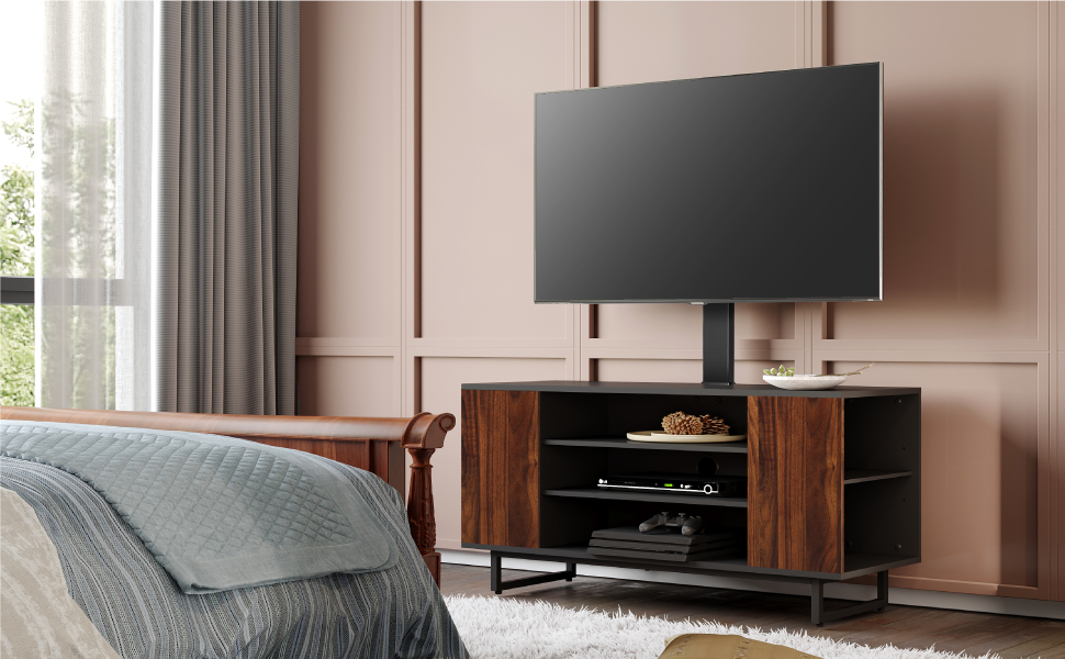 FITUEYES TV Stand with Mount - Wood TV Console for TVs 32-70 inch, Adjustable Height, Swivel ±25°, Up to 40kg, Max.VESA 600x400