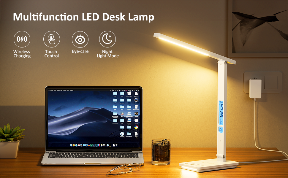 LED лампа настільна YAMYONE з бездротовим зарядним пристроєм та USB-портом, 5 кольорів, регулювання яскравості, нічник, годинник, термометр, для офісу та навчання, білий колір