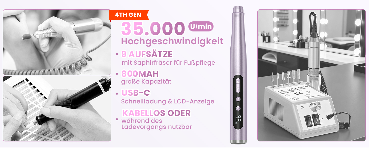 Бездротовий фрезер для нігтів 35.000 об/хв - професійний нейл-дриль для гелю та акрилу, електрична нігтьова пилка з регулюванням швидкості (фіолетовий)