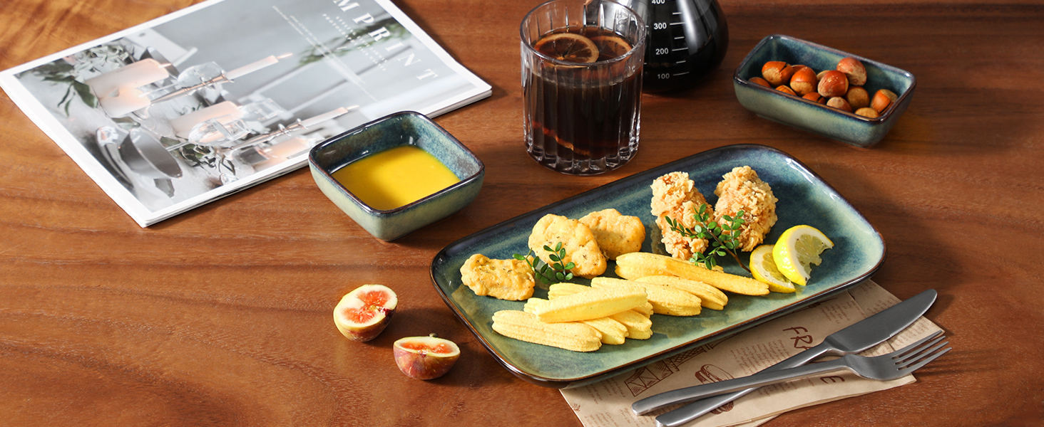 Набір сервірувальних тарілок Vancasso Stern (4 шт.) з кераміки, зелений. Тарілки для їжі, десерту, тортів, сніданку. Можна мити в посудомийній машині та використовувати в мікрохвильовці.