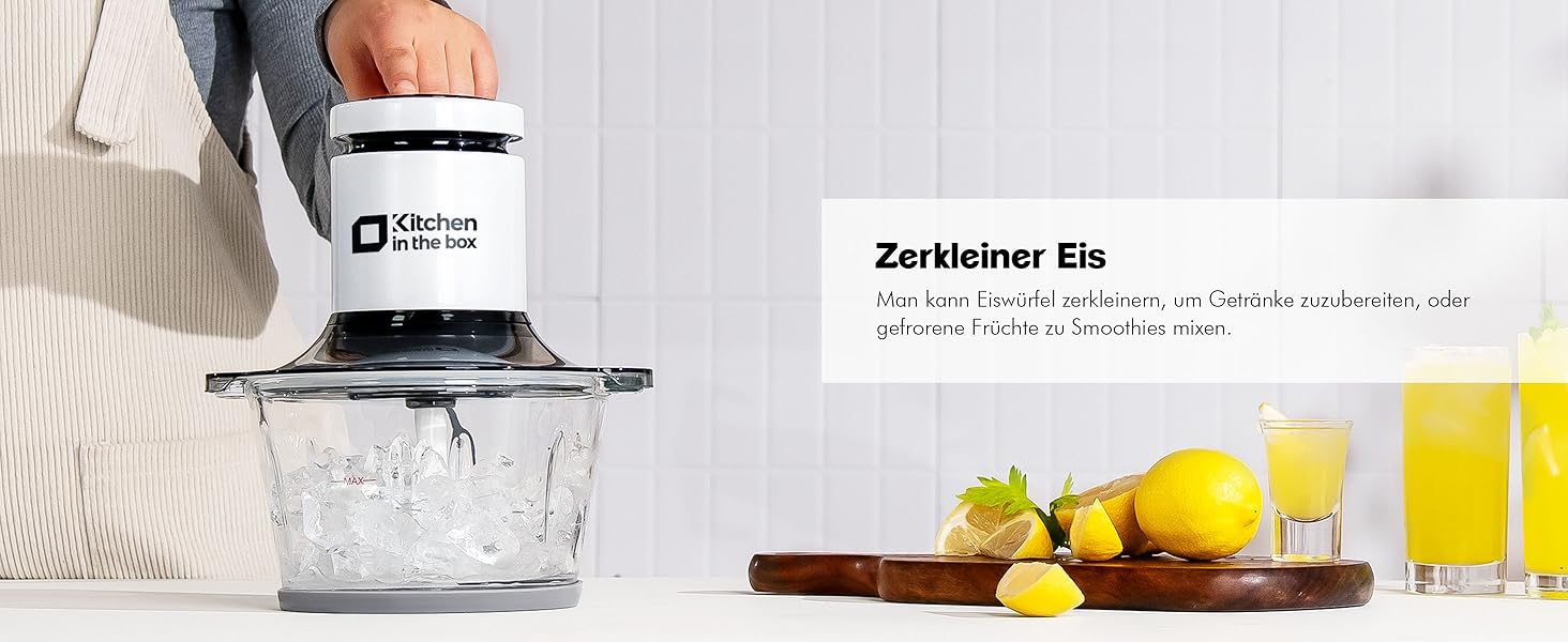Електричний подрібнювач Zerkleinerer для кухні з 2 чашами (1л скляна + 2л сталева), 400W, для м'яса, дитячого харчування, овочів та фруктів (білий)