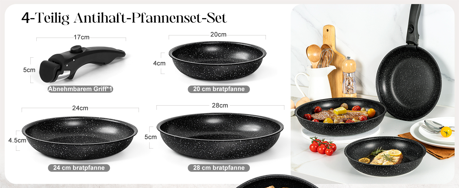 Набір сковорідок Michelangelo 4 шт. (20/24/28 см) знімний ручка, для індукції, антипригарне покриття мармур, до 240°C, чорний