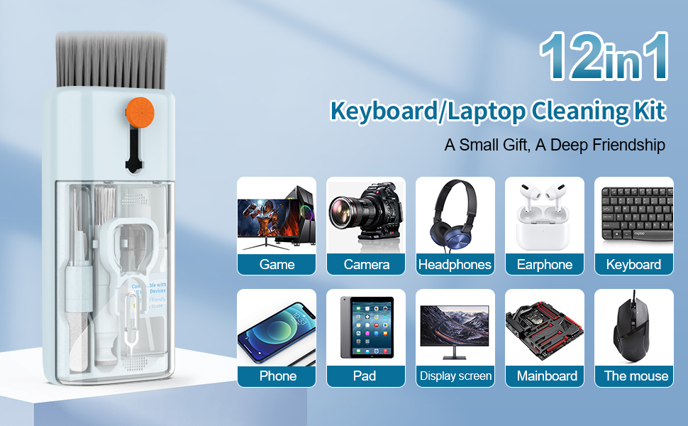 Набір для чищення клавіатури 12 в 1: очищувач екрану, клавіатури, телефону, MacBook, ПК (блакитний)