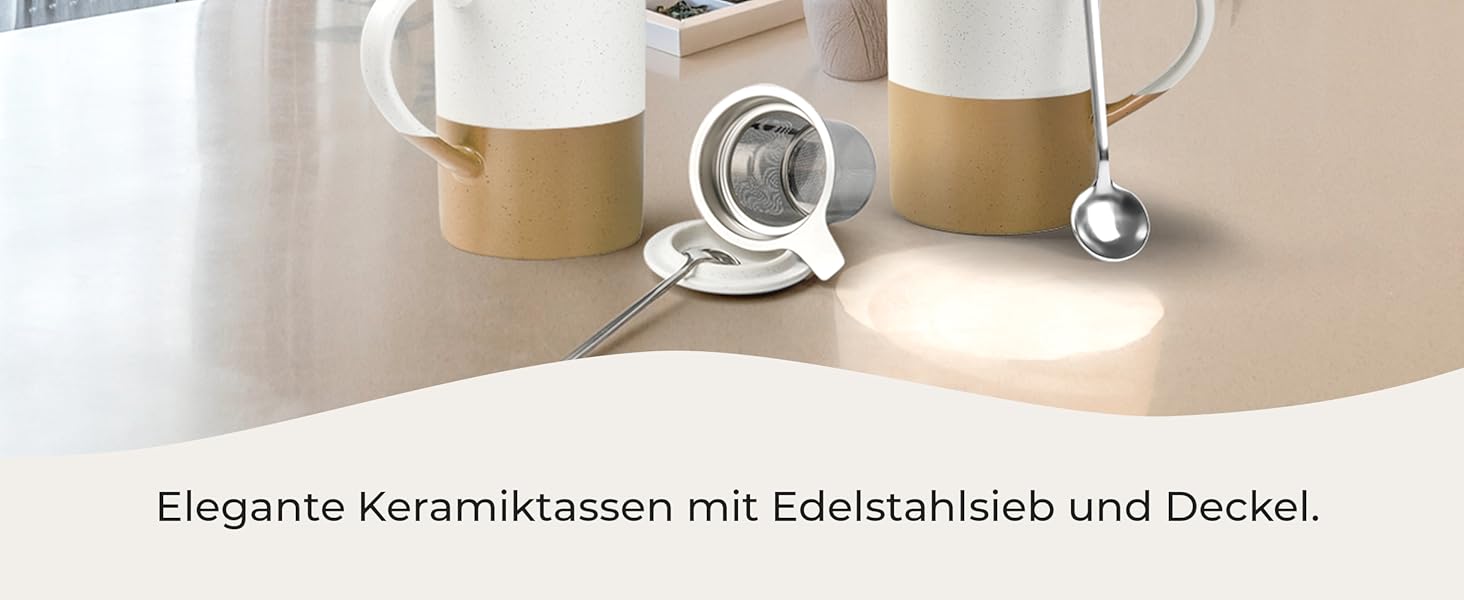 Набір чайних чашок Miamio 2 x 500 мл з кришкою та ситом, керамічні чашки з чайним ситечком та ложкою для заварювання листового чаю, подарунок для жінок, підходить для мікрохвильової печі та посудомийної машини (колір: коричневий)