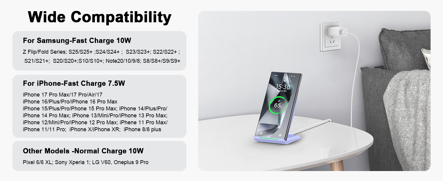 Бездротовий зарядний пристрій NANAMI Qi з адаптером USB-C 20W PD для iPhone 17/16/15/14/13/12 Pro Max XR 8 та Samsung Galaxy S25/S24/S23/S22 (фіолетовий)