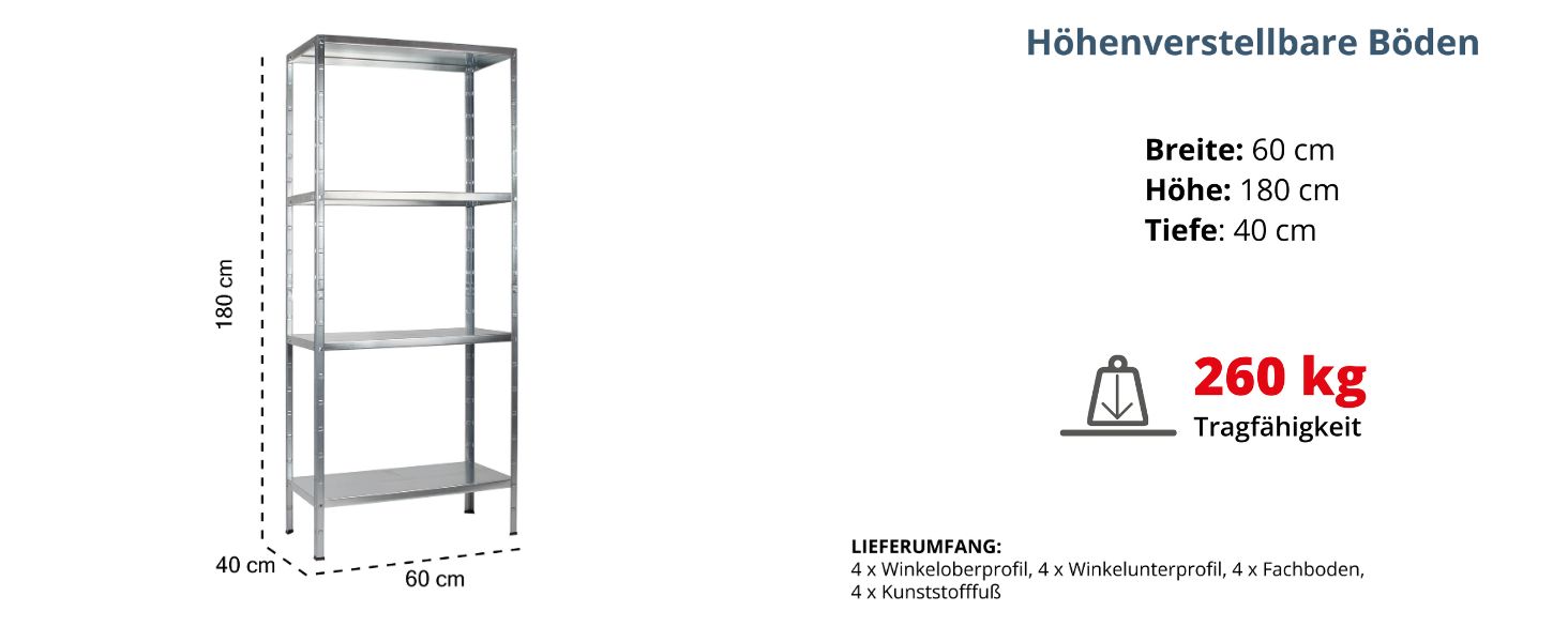 Металевий стелаж SCHULTE Regalwelt PowerMAX, 4 полиці, 65 кг, 180x60x40 см, оцинкований, для складу, майстерні, гаража, підвалу