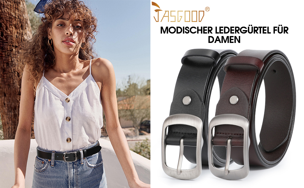 Жіночий шкіряний ремінь JasGood для джинсів та суконь, з пряжкою, чорний, розмір L (91-105 см)