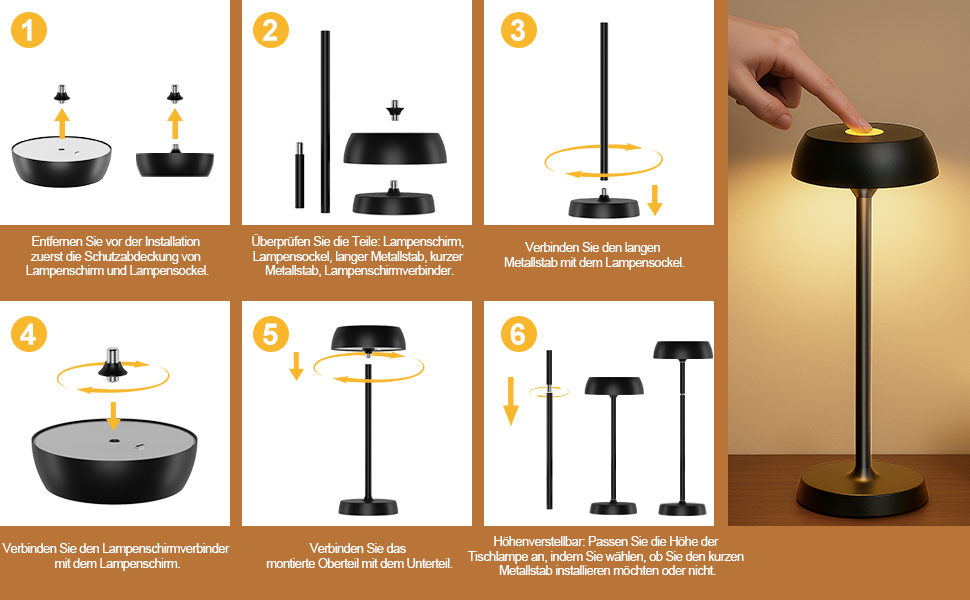 Світлодіодна настільна лампа бездротова з регулюванням яскравості, сенсорним керуванням, 4 режими освітлення, акумуляторна, для спальні, домашнього офісу, кемпінгу - 1 шт.