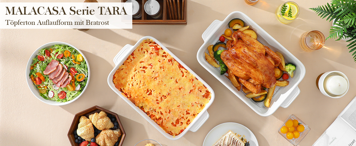 Форма для запікання MALACASA Serie TARA, 4.5л, кераміка, прямокутна, стійка до подряпин | Для лазаньї, тірамісу, запіканок 35*23.8 см (з решіткою)