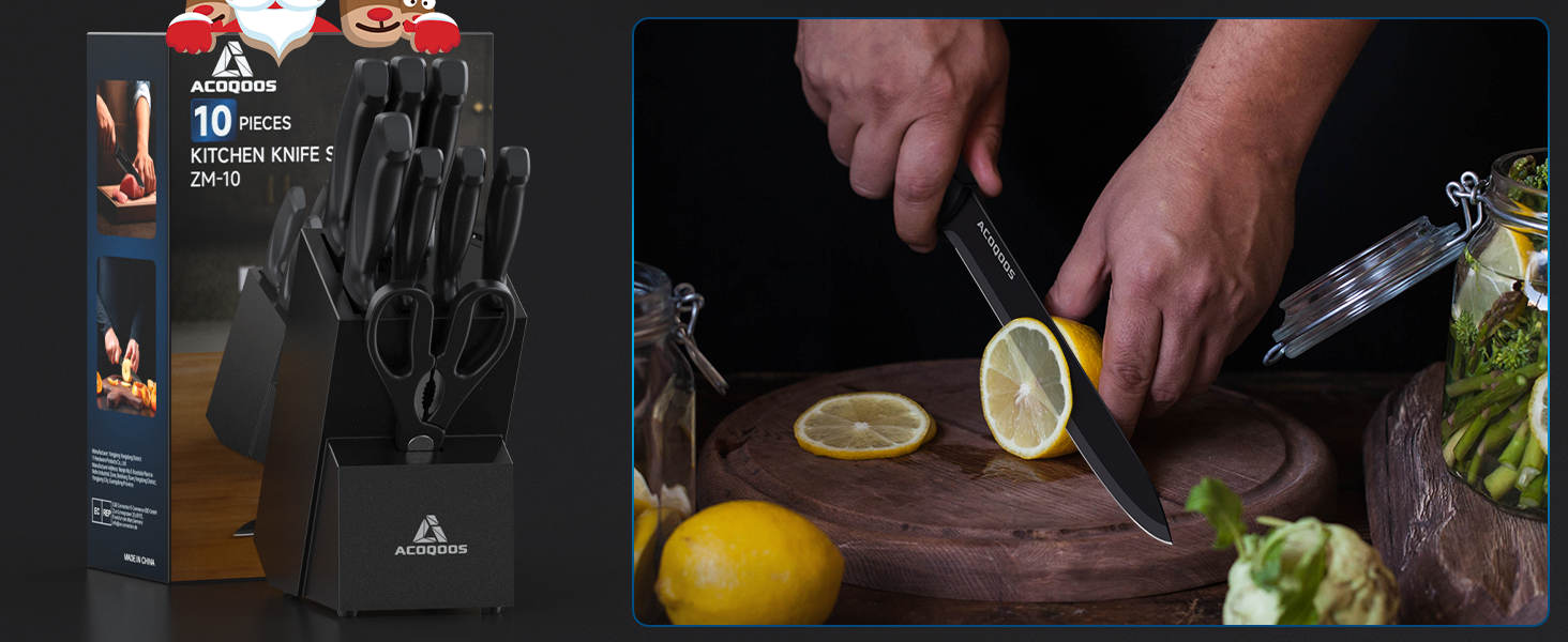 ACOQOOS 14-Piece Knife Block Set with Sharpener - Professional Kitchen Knife Set, Black