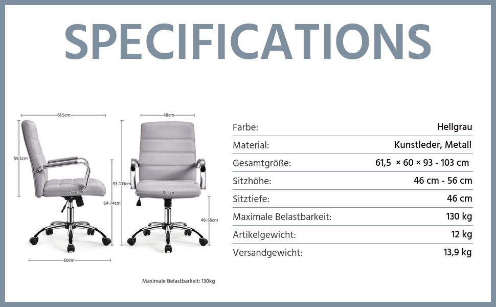 Офісне крісло Yaheetech: ергономічний, з підлокітниками, поворотний, до 130 кг, сірий
