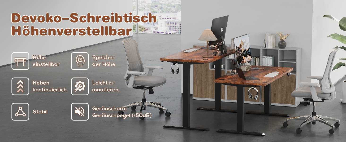 Devoko Adjustable Height Electric Desk - 120x60cm - Vintage Brown - Sit-Stand Desk with Memory Function & Collision Detection