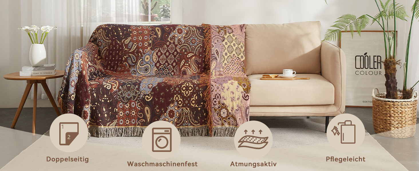 Плед Boho Softexly з 100% бавовни – двосторонній мусліновий плед 150x200 см, м'який плед на диван та ковдра на ліжко, естетичний дизайн, ідеально для вітальні та спальні, помаранчево/блакитний (150 x 200 см, візерунок Пайслі)