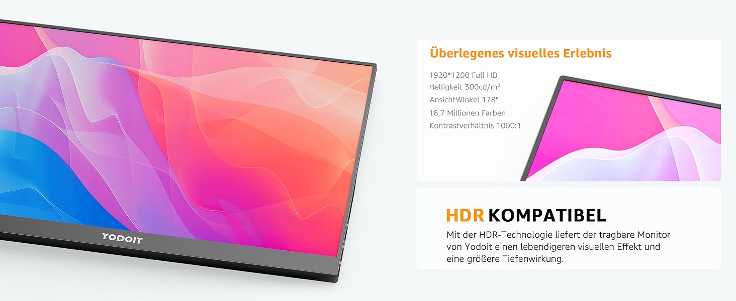 Портативний монітор Yodoit 16' FHD 1920x1200 IPS з USB-C, динаміками та Smart Cover (Чорний)